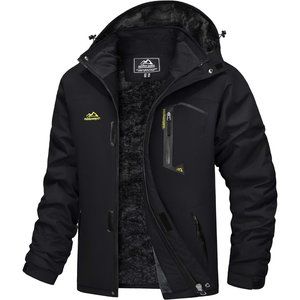 Men's Black Water Resistant Fleece Windproof Warm Ski Jacket With Multi-Pockets
